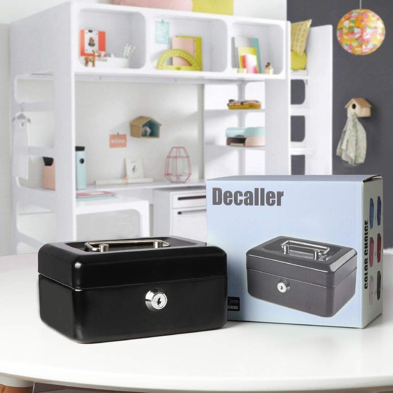 Decaller Small Cash Box with Key Lock, Decaller Portable Metal Money Box with Double Layer & 2 Keys for Security, Black, 6" x 4 4/5" x 3 1/5", QH1509XS - Image 5